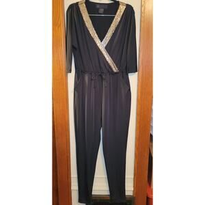 Kardashian Kollection Womens Large Jumpsuit Black Polyester Gold Neckline
